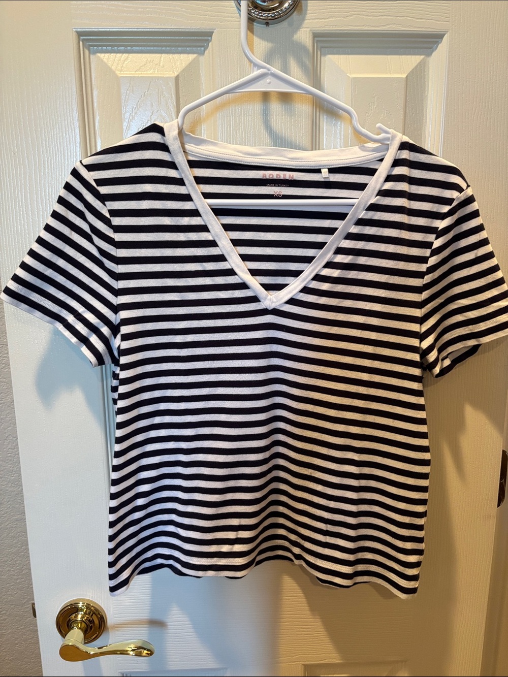 Boden Striped V-Neck Short Sleeve Cropped Cotton T-Shirt Size XS